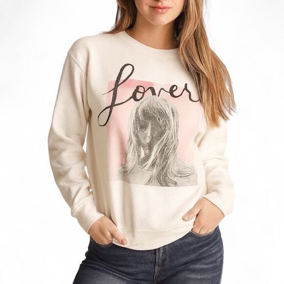 Taylor Swift Lover Crewneck Sweatshirt White Pink Album Graphic Medium Pullover - Picture 1 of 7